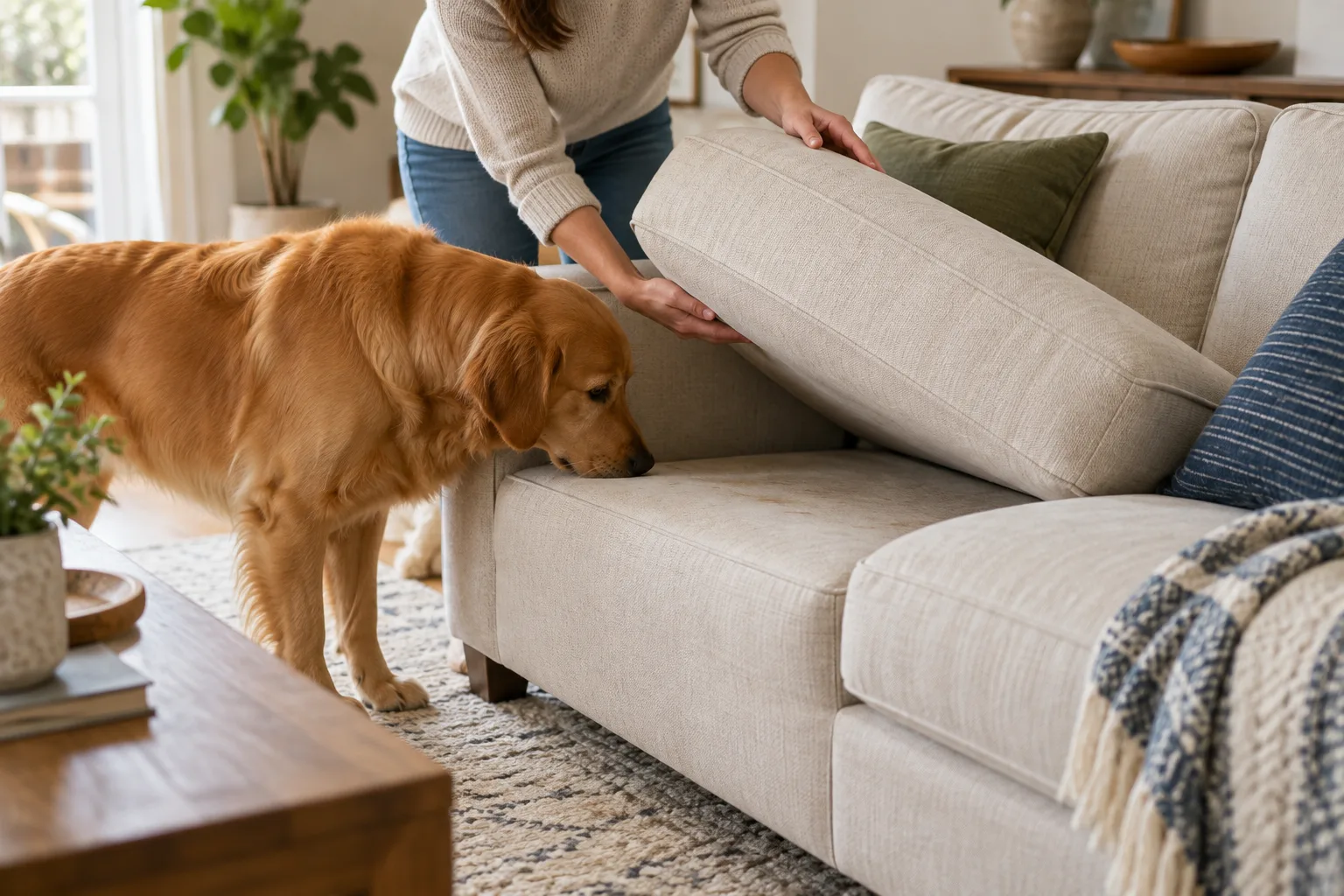 Pessoa levantando uma almofada de sofá, com cachorro ao lado.