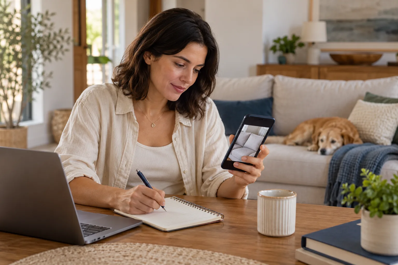 Mulher consultando o celular e anotando informações diante de um sofá.
