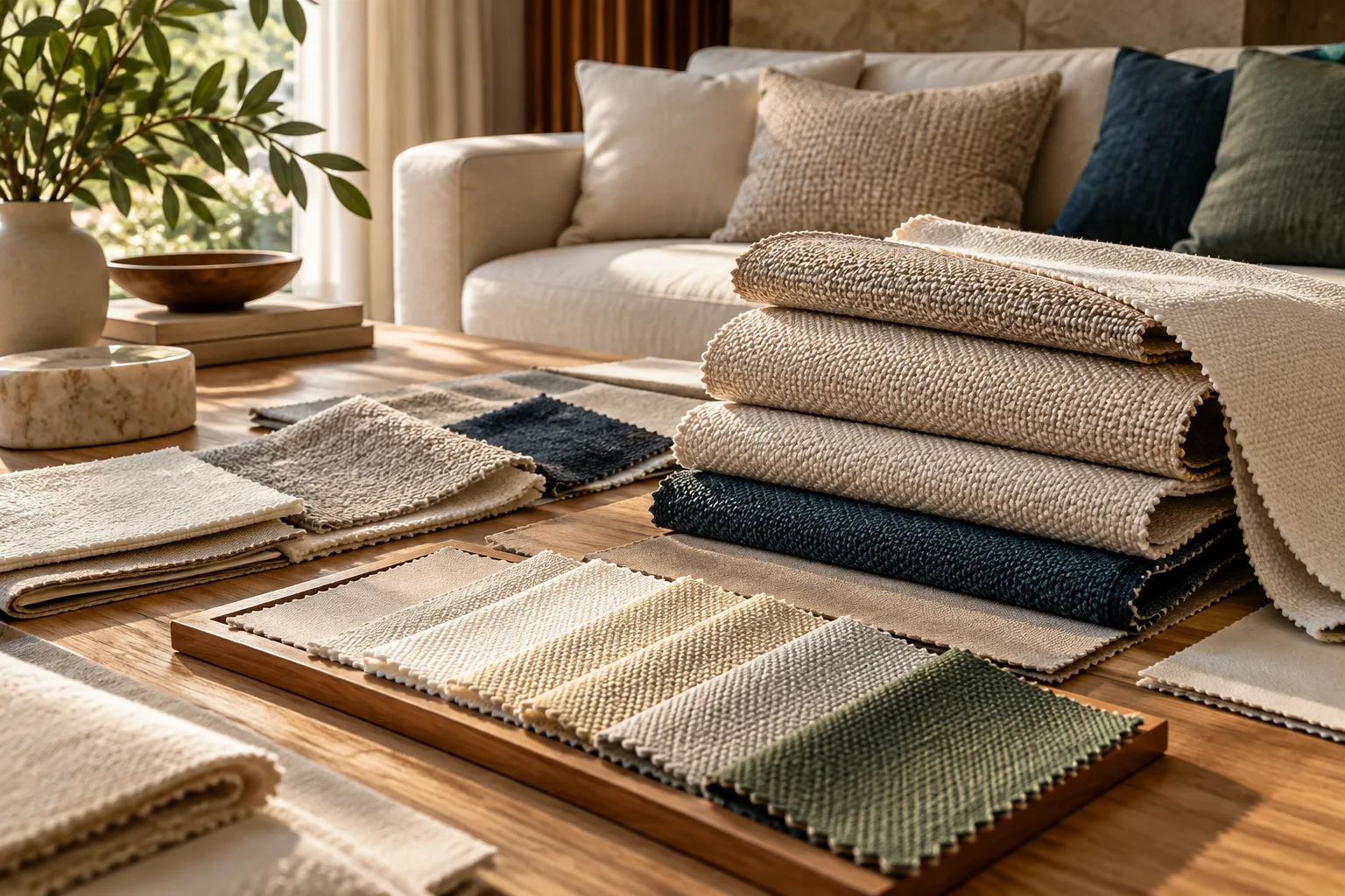 Amostras de tecidos com cores e texturas variadas sobre uma mesa.