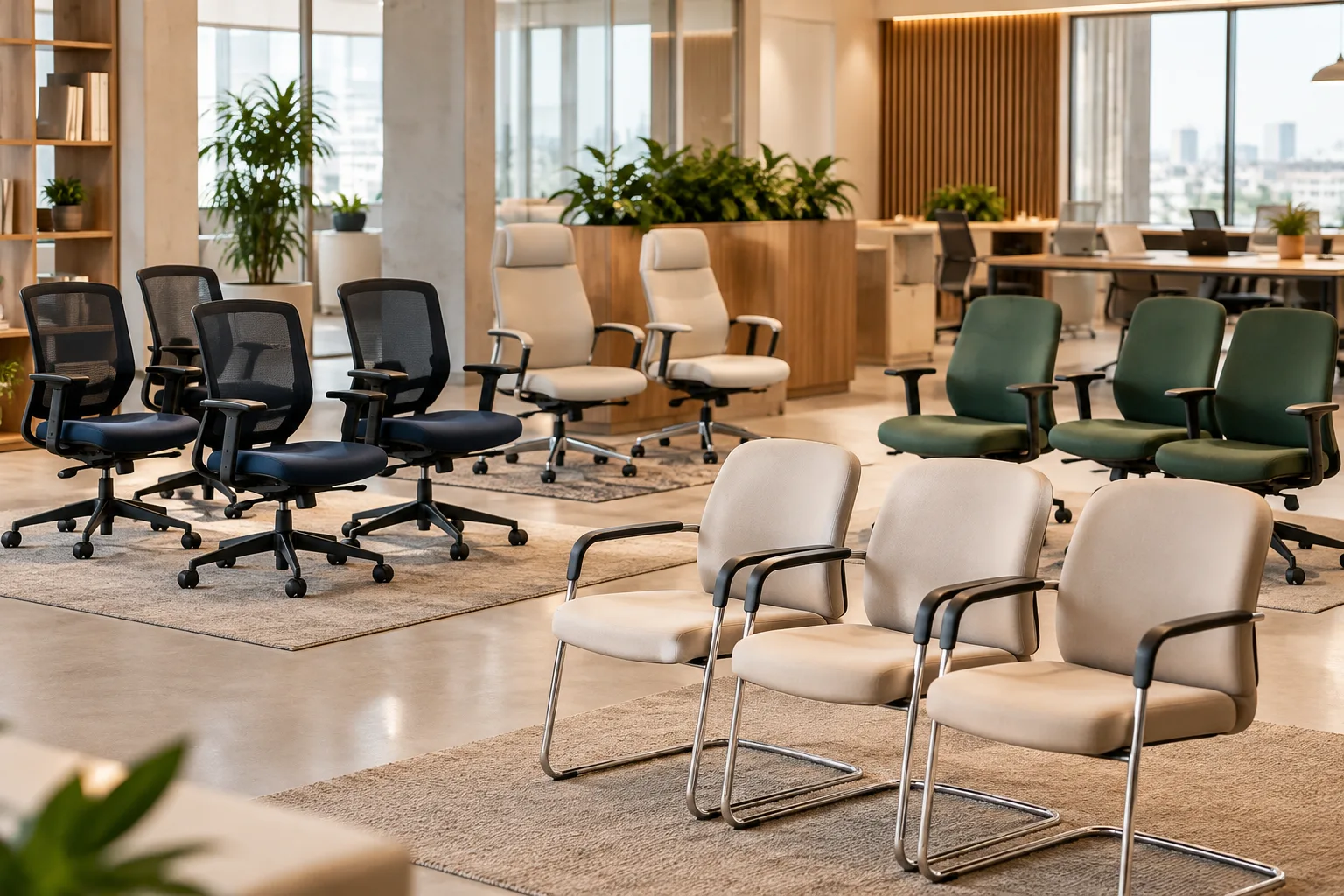 Grupos de cadeiras estofadas com cores e modelos diferentes em escritório.