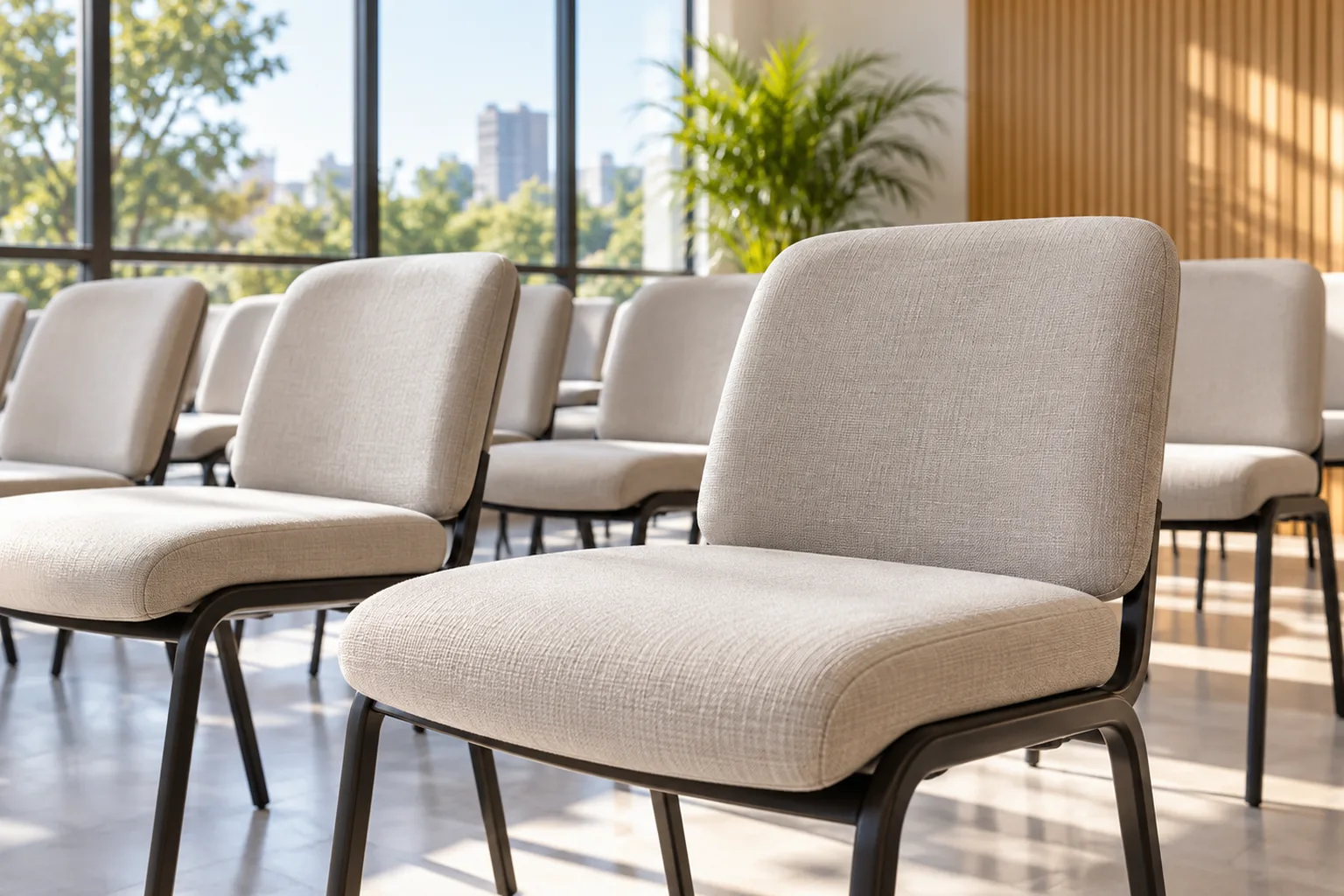 Cadeiras estofadas claras organizadas em ambiente de trabalho.