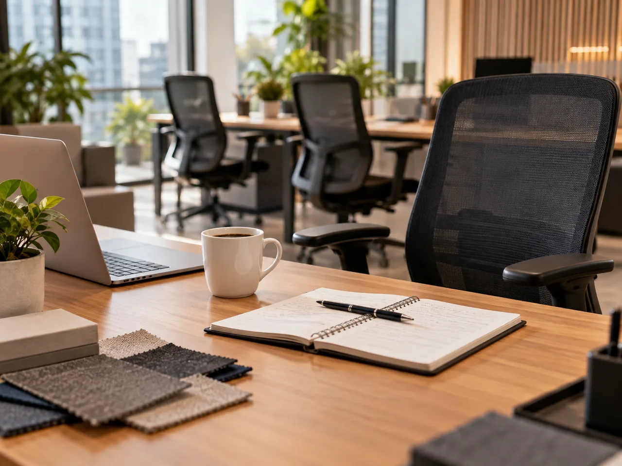 Cadeiras de escritório próximas a mesa com caderno