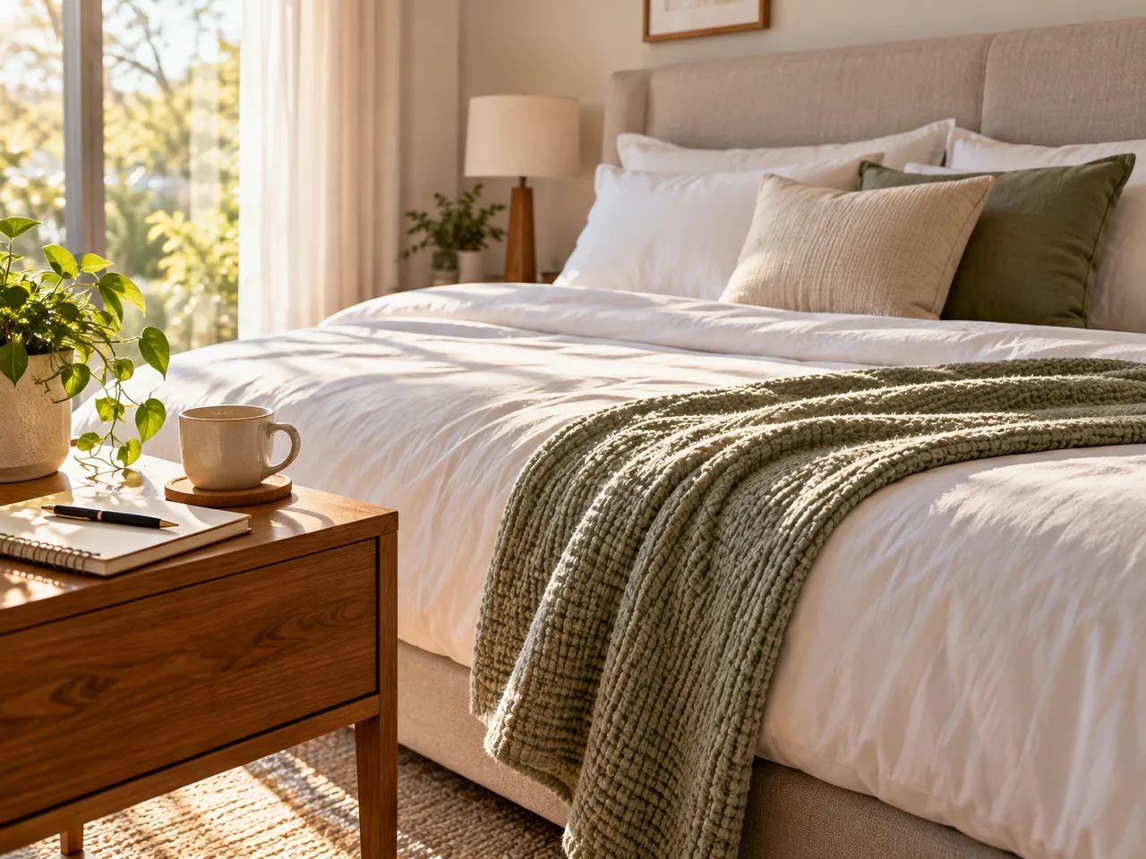 Cama em quarto iluminado com manta verde e mesa lateral