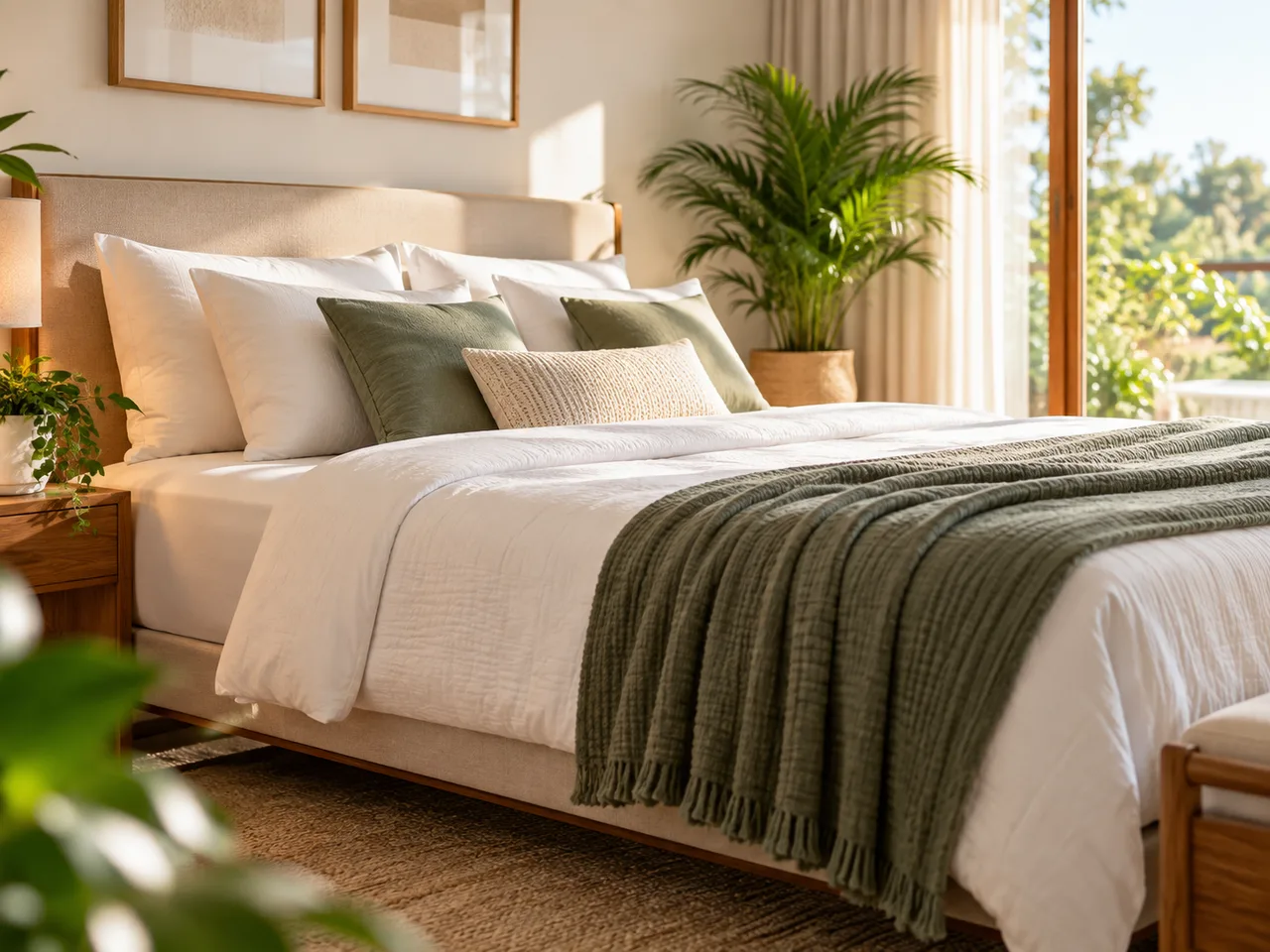 Quarto residencial com cama, plantas e detalhes verdes