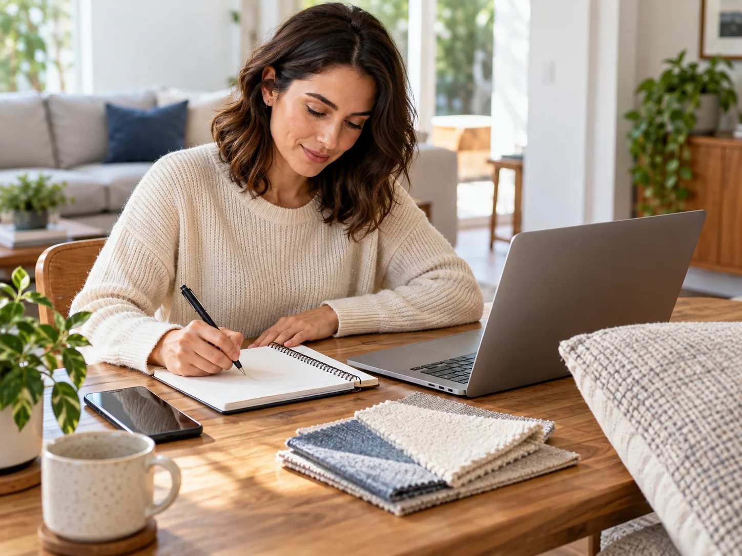 Mulher organizando anotações com notebook e amostras de tecido