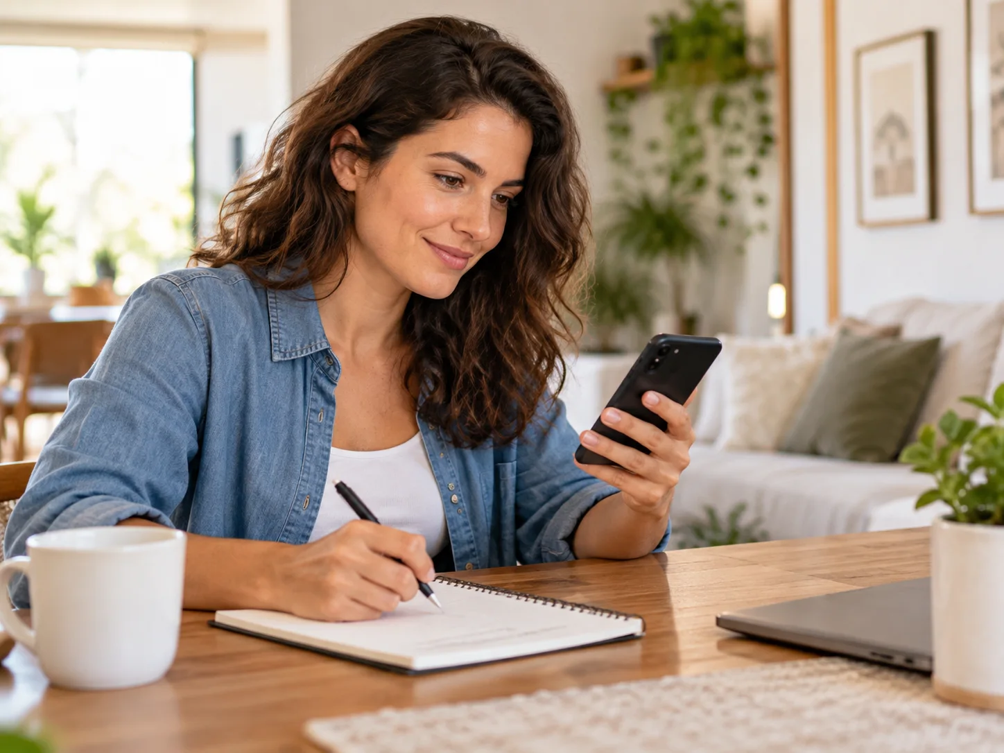 Mulher consultando o celular e anotando informações junto ao sofá