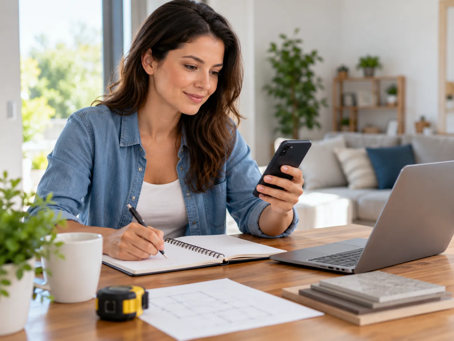 Mulher com celular e caderno organizando informações sobre estofados