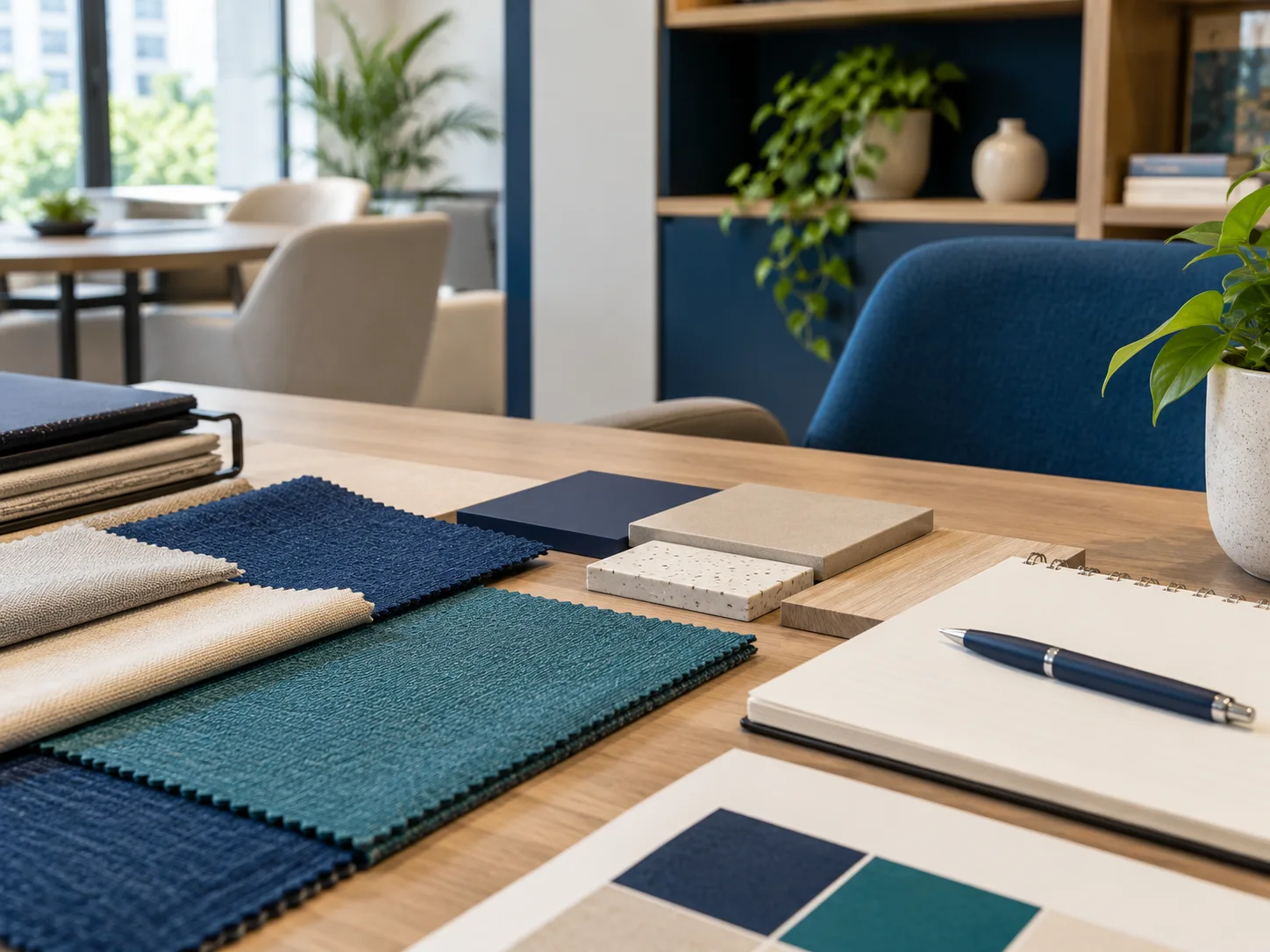 Amostras de tecidos e materiais sobre uma mesa