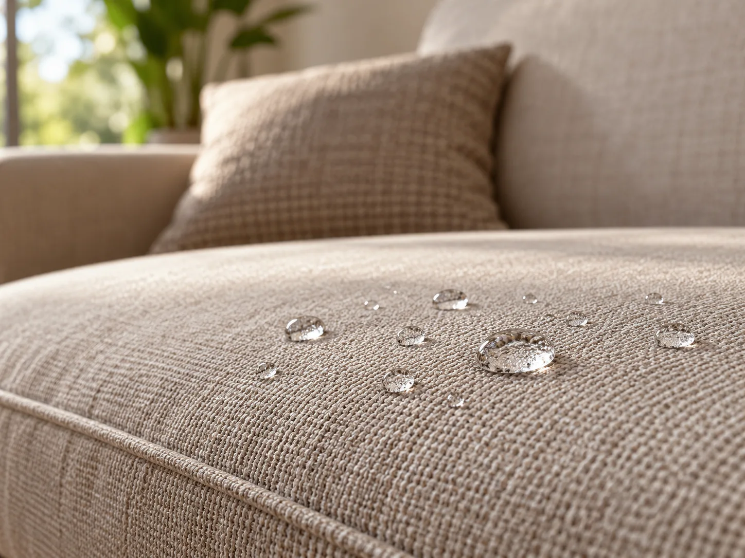 Gotas de água sobre o tecido de um sofá