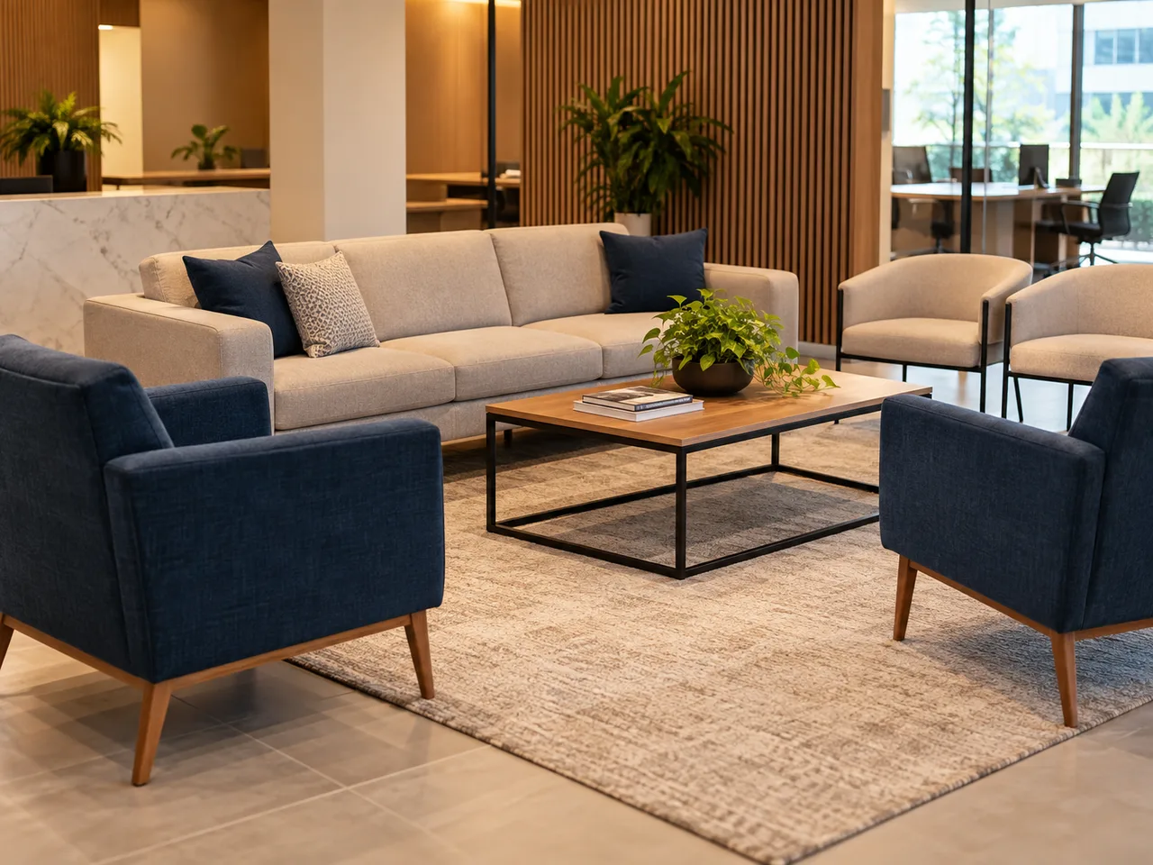 Sofá e poltronas em recepção empresarial