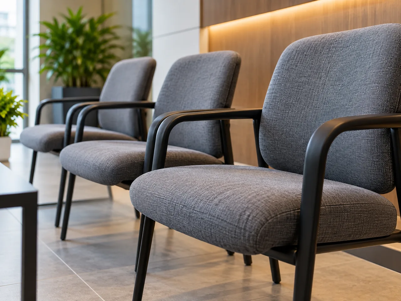 Cadeiras estofadas em ambiente empresarial
