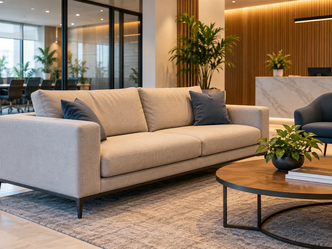 Sofá em recepção com sala de reunião ao fundo