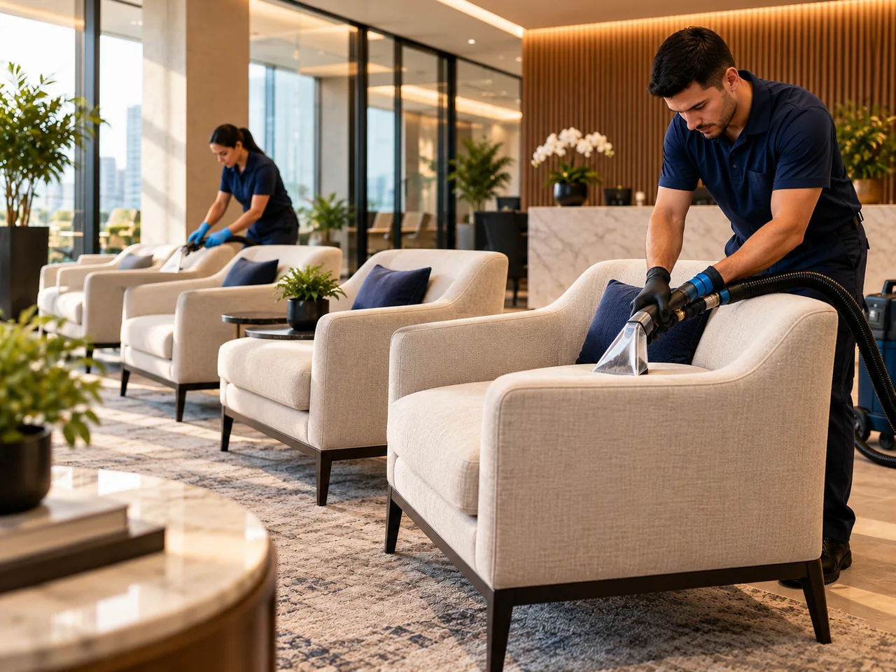 Poltronas e sofás em um ambiente corporativo ilustrativo. Ilustração, não registro de atendimento da Trameva.