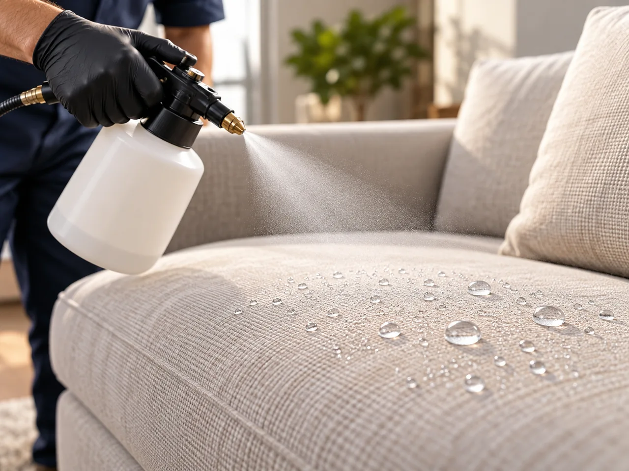 Aplicação ilustrativa de produto sobre tecido estofado. Ilustração, não registro de atendimento da Trameva.