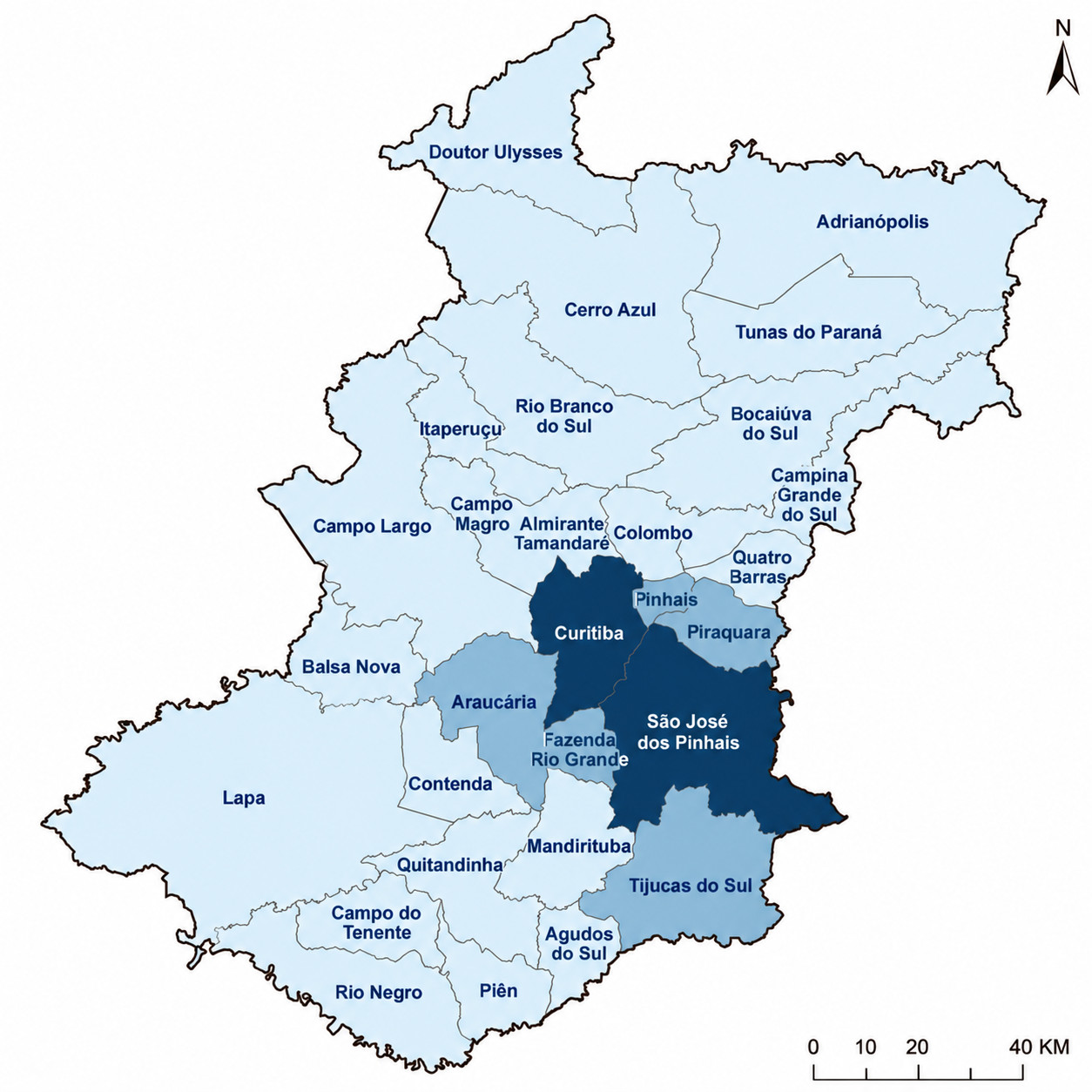 Mapa da região metropolitana de Curitiba. Curitiba e São José dos Pinhais em azul escuro; Tijucas do Sul, Fazenda Rio Grande, Araucária, Pinhais e Piraquara em azul intermediário; demais municípios em azul claro. As cores contextualizam a região e não indicam cobertura de atendimento nos municípios vizinhos.