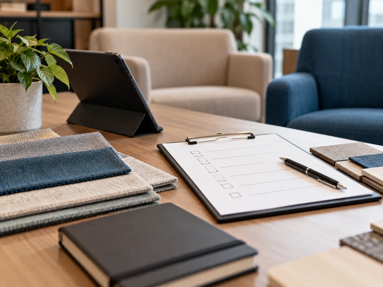 Amostras de tecido e lista de planejamento sobre mesa