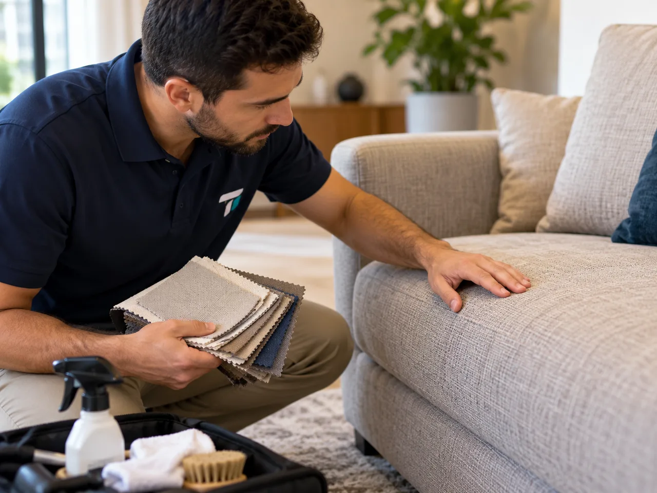 Pessoa observa o tecido de um sofá com amostras de revestimento nas mãos